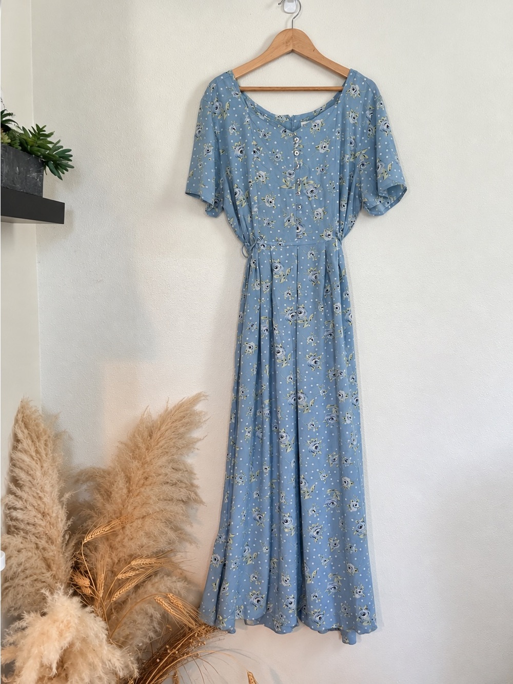 Vintage 90s Erika Studio Blue Floral Rayon Maxi Dress M